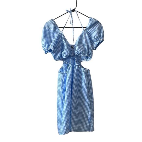 H&M Divided Blue White Cut Out Gingham Dress size Medium Searsucker - Picture 8 of 11